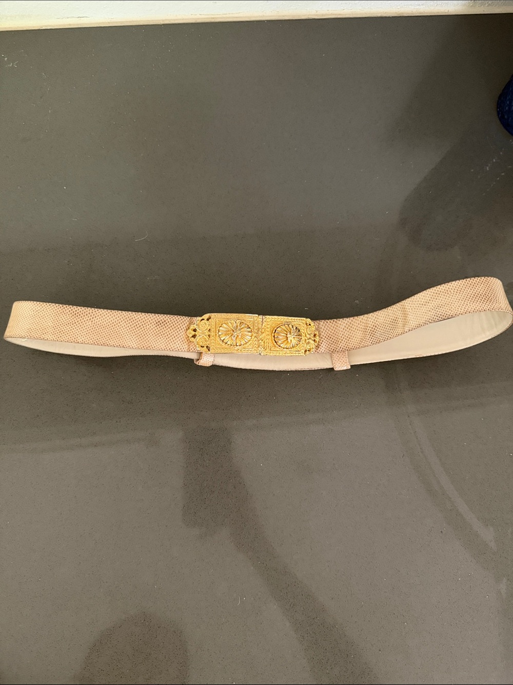 Judith Leiber Nude lizard Belt with Ornate Gold Floral Buckle